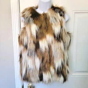 JOUJOU Faux Fur Hook Front Lined Vest Brown Tan Cream Soft Furry Size S